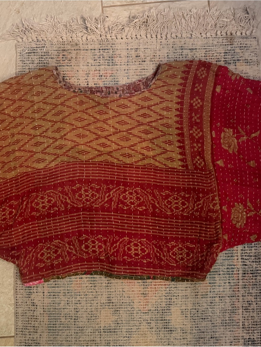 Handcrafted Kantha Red and Mustard Women’s Boho Top